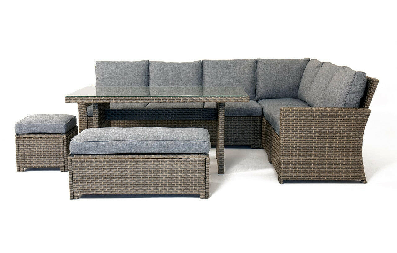 Palma Grey Corner Rattan Casual Garden Dining and Lounge Set, 9-seater with table and stools