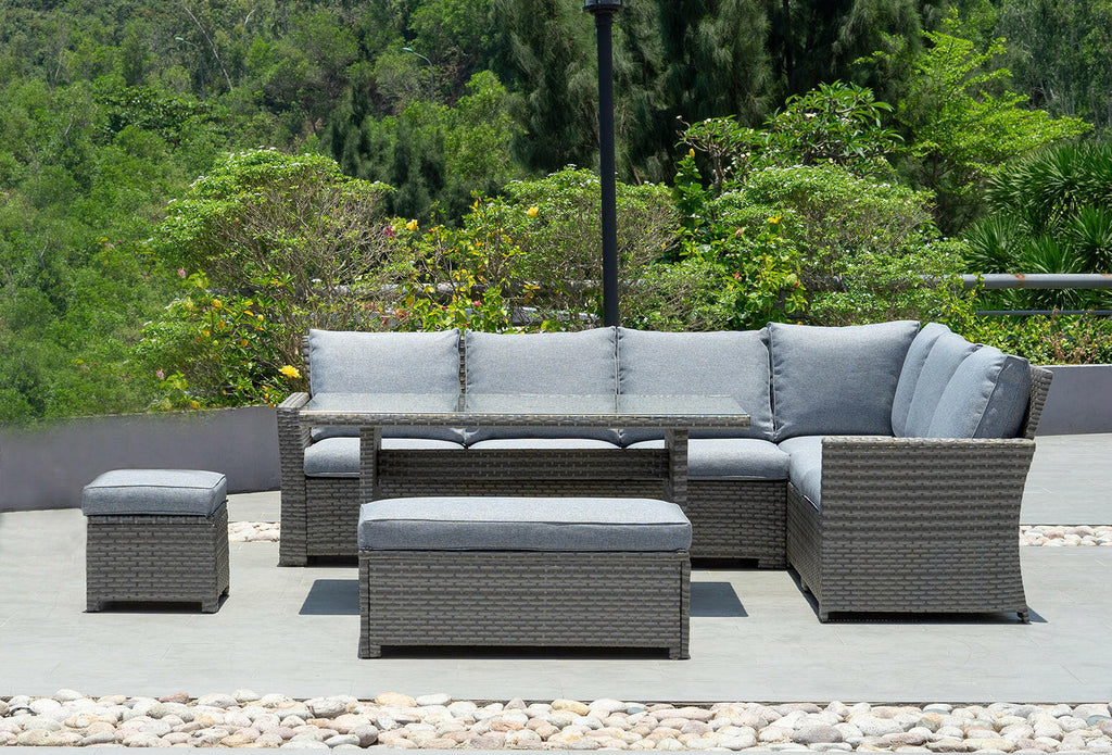 Palma Grey Corner Rattan Casual Garden Dining and Lounge Set with 9-seater sofa, table, and stools