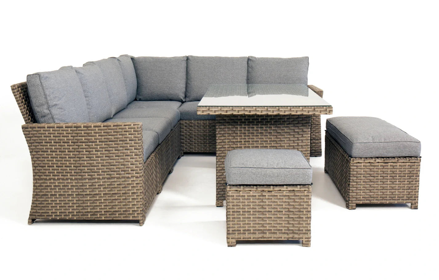 Palma Grey Corner Rattan Casual Garden Dining Lounge Set, 9 Seater with L-shaped sofa, dining table, and stools