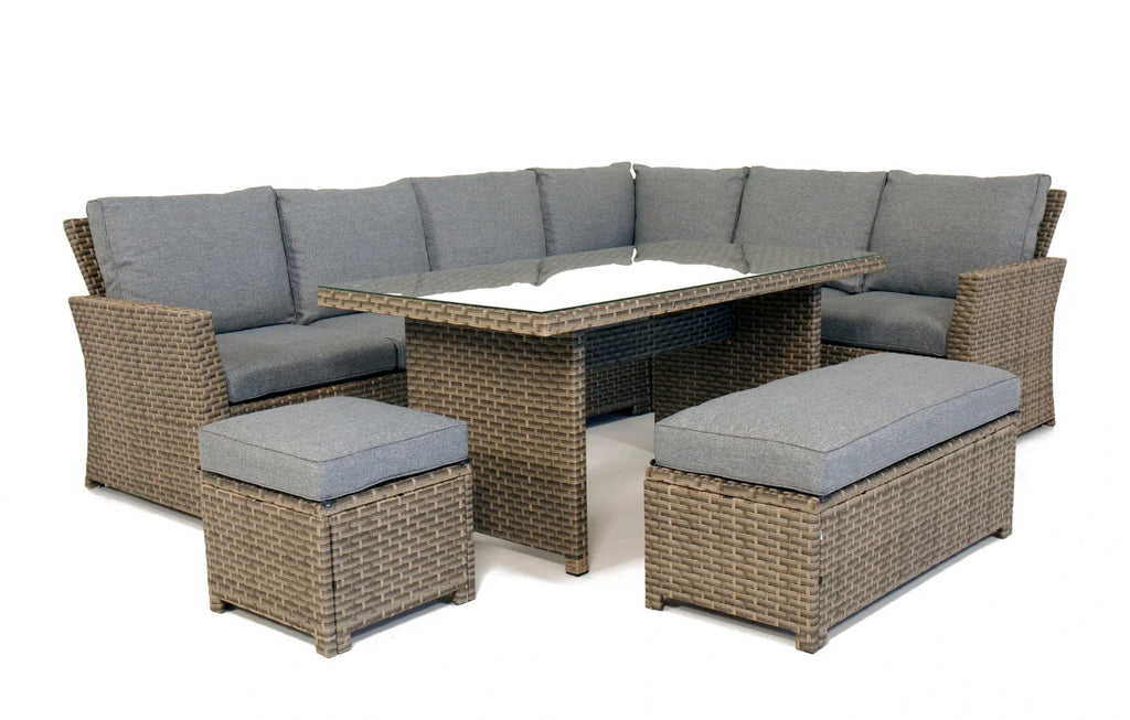 Palma Grey Corner Rattan Casual Garden Dining and Lounge Set with table and stools, 9-seater outdoor furniture