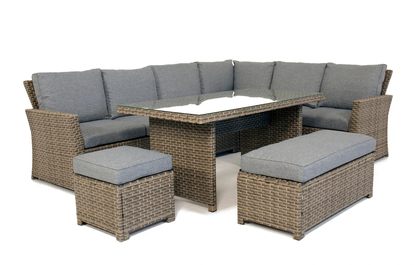 Palma Grey Corner Rattan Casual Garden Dining and Lounge Set with table and stools, 9-seater outdoor furniture