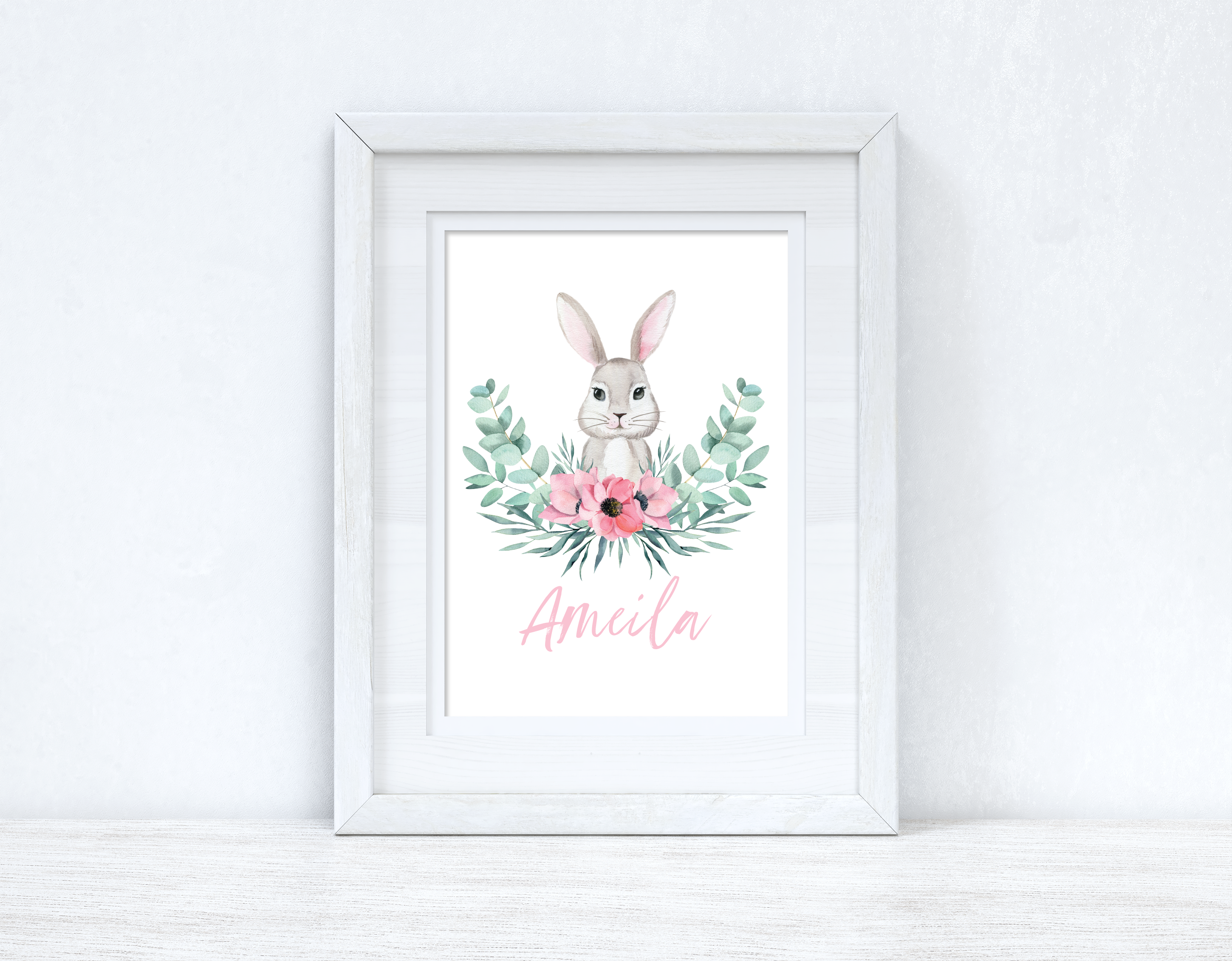Personalised Pink Wording Floral Bunny Easter Spring Seasonal Wall Home Decor Print