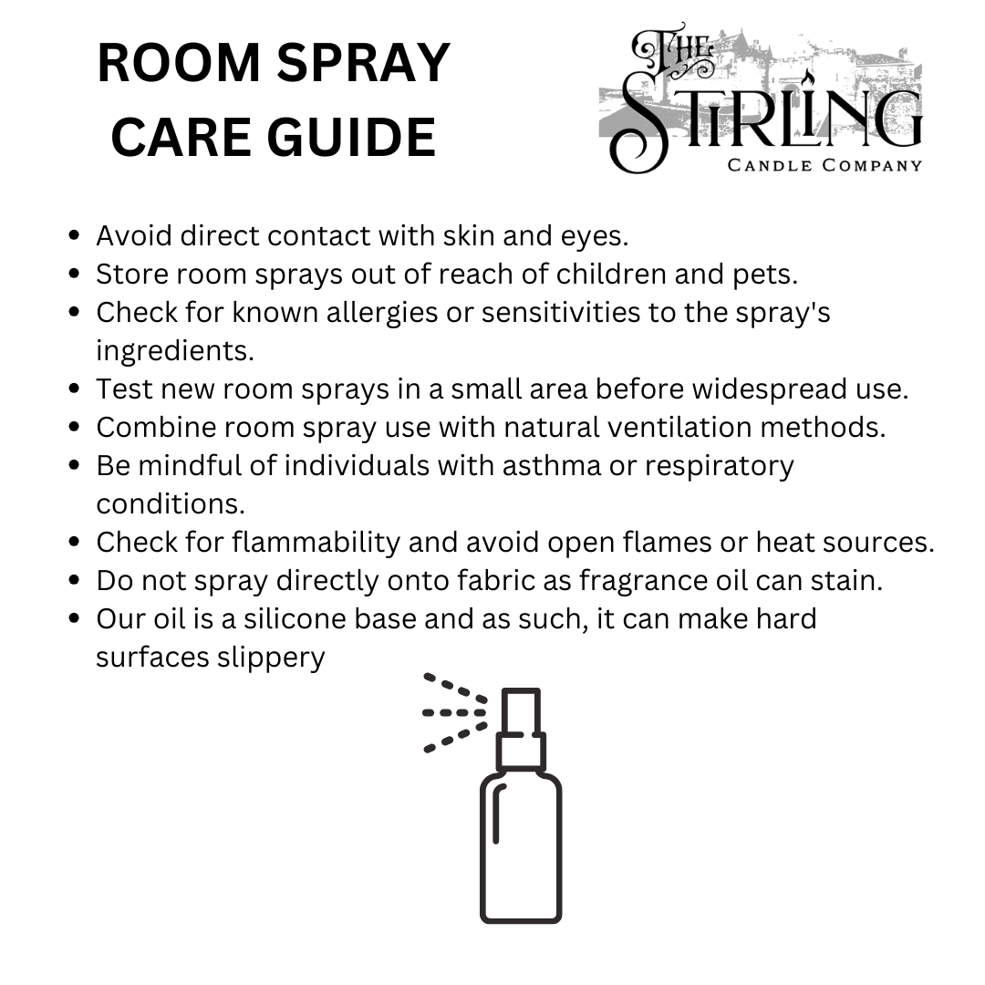 Room Spray Care Guide from The Stirling Candle Company with instructions and safety tips for Beach Day spray.