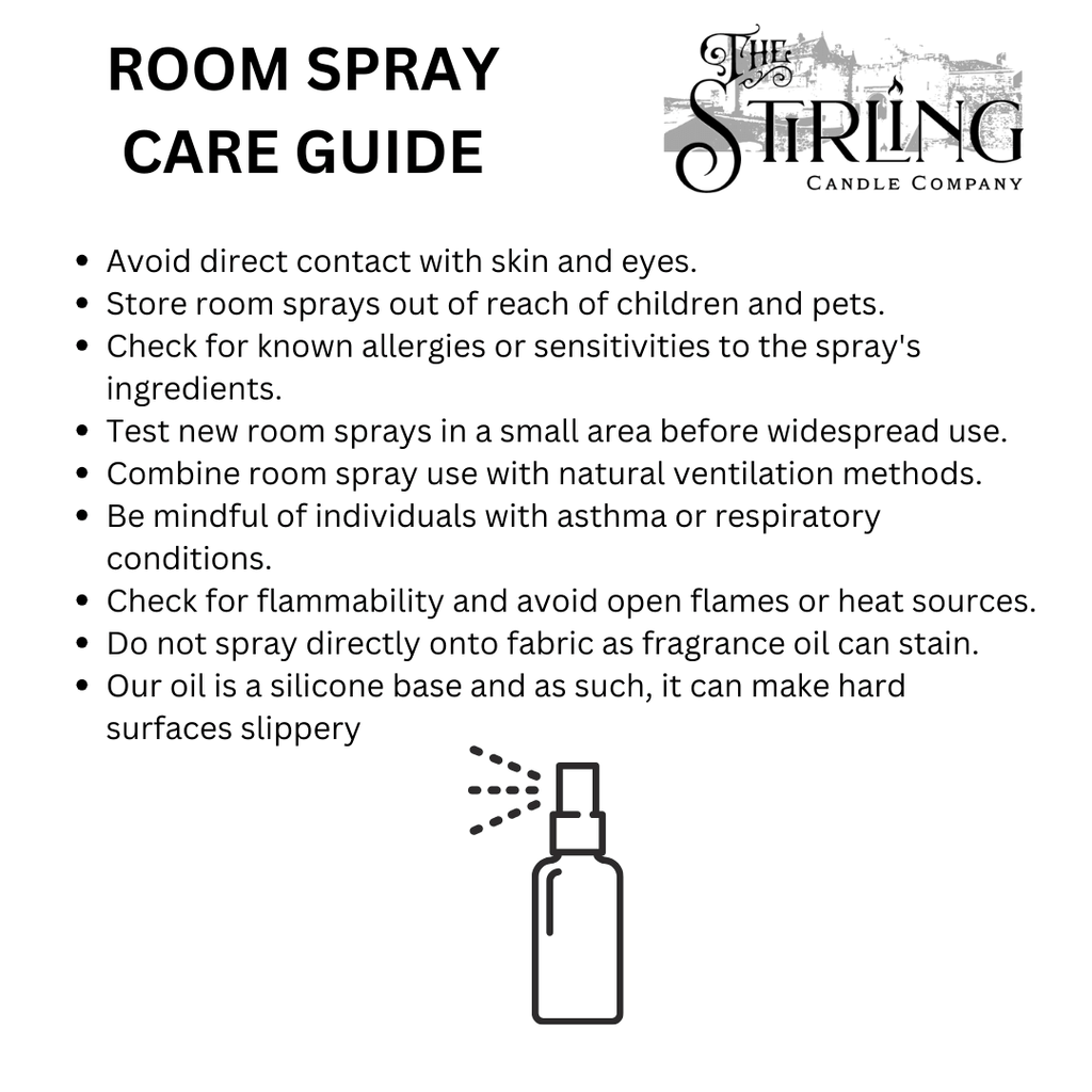 Room spray care guide with safety instructions for Lemongrass & Ginger spray, from The Stirling Candle Company.