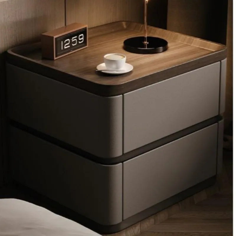 Modern Minimalist Bedside Cabinet with dark grey nappa leather drawers and a rich wood grain top, perfect for premium bedroom storage.