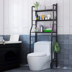 Black 3-tier over toilet storage rack with toiletries and towels in a modern bathroom, space-saving organiser.