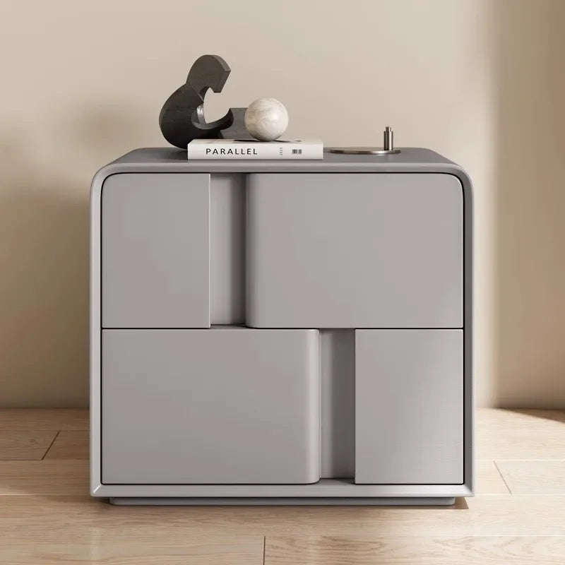 Modern grey double-layer storage bedside table made of solid pine wood, with minimalist design, for home furniture