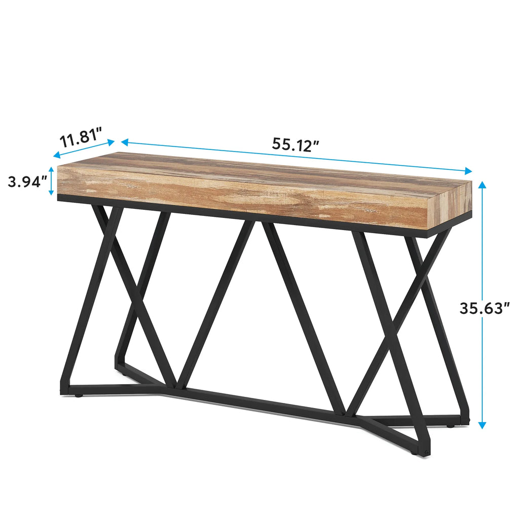 55-inch console table dimensions: 55.12"W x 11.81"D x 35.63"H, featuring a wood-effect top and black metal base.