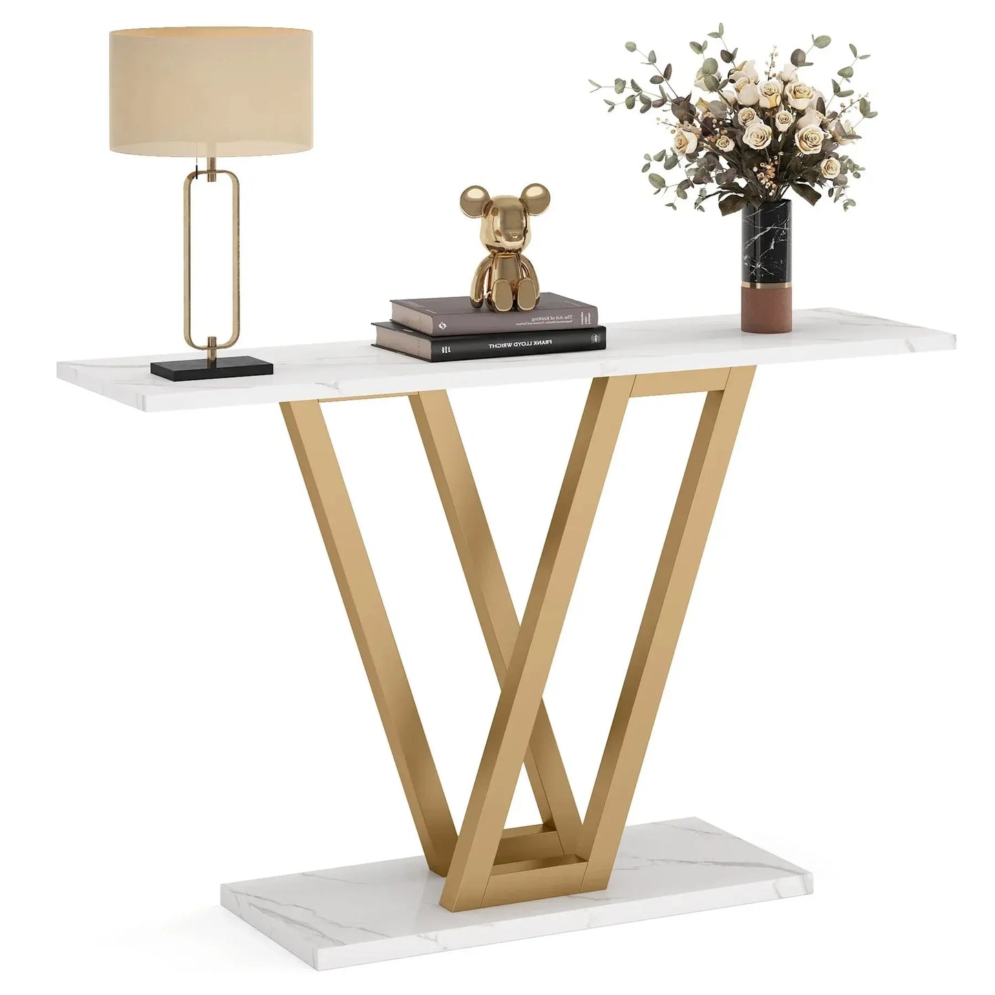 Tribesigns Industrial Console Table with white marble top and gold metal V-shaped base, with decor items.
