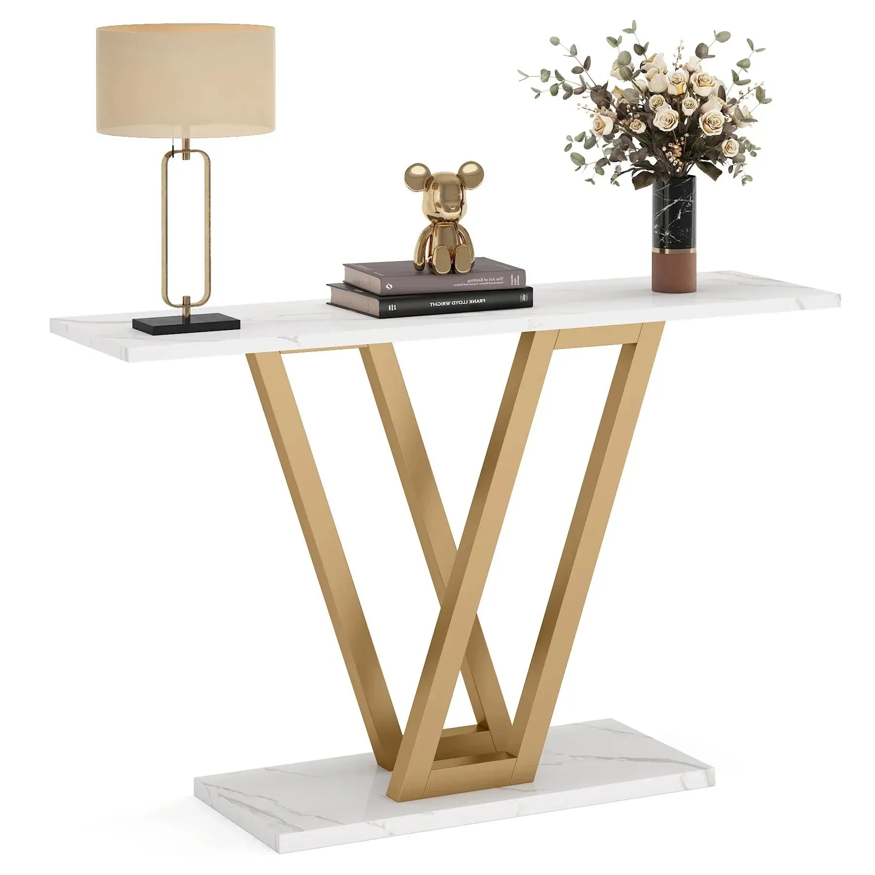 Tribesigns Industrial Console Table with white marble top and gold metal V-shaped base, with decor items.