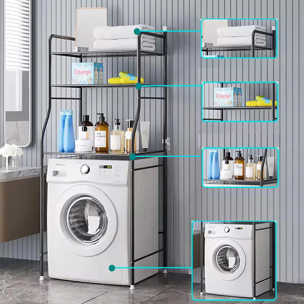 Black 3-tier over toilet storage rack with laundry machine, towels, and toiletries in a modern bathroom.