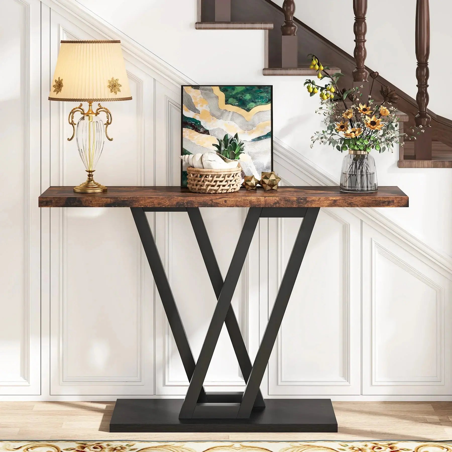 Tribesigns Industrial Console Table with dark wood top, black V-shaped metal base, in a hallway