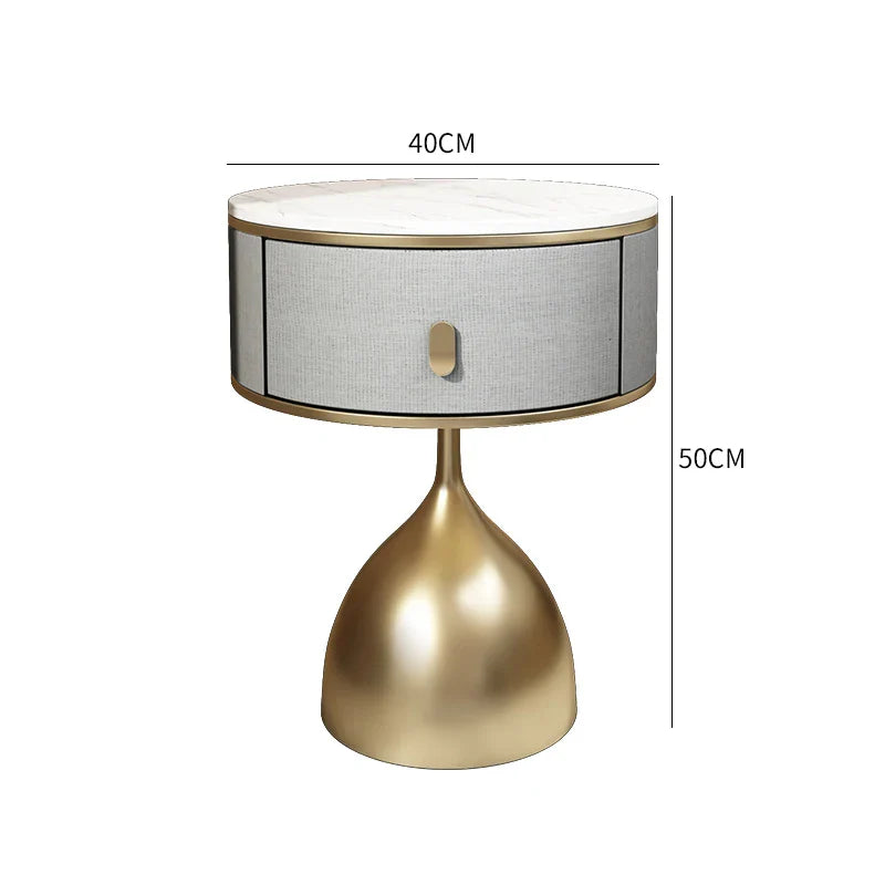 Luxury unique gold nightstand with marble top, grey fabric drawer, and golden base, showing dimensions 40cm x 50cm.