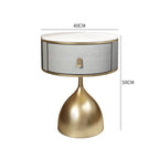 Luxury unique gold nightstand with marble top, grey fabric drawer, and golden base, showing dimensions 40cm x 50cm.