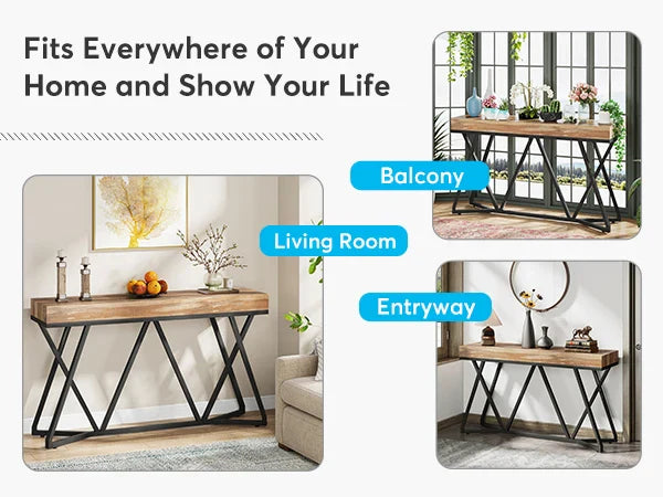 55 inch industrial console table in living room, balcony, and entryway, showing versatile home decor placement