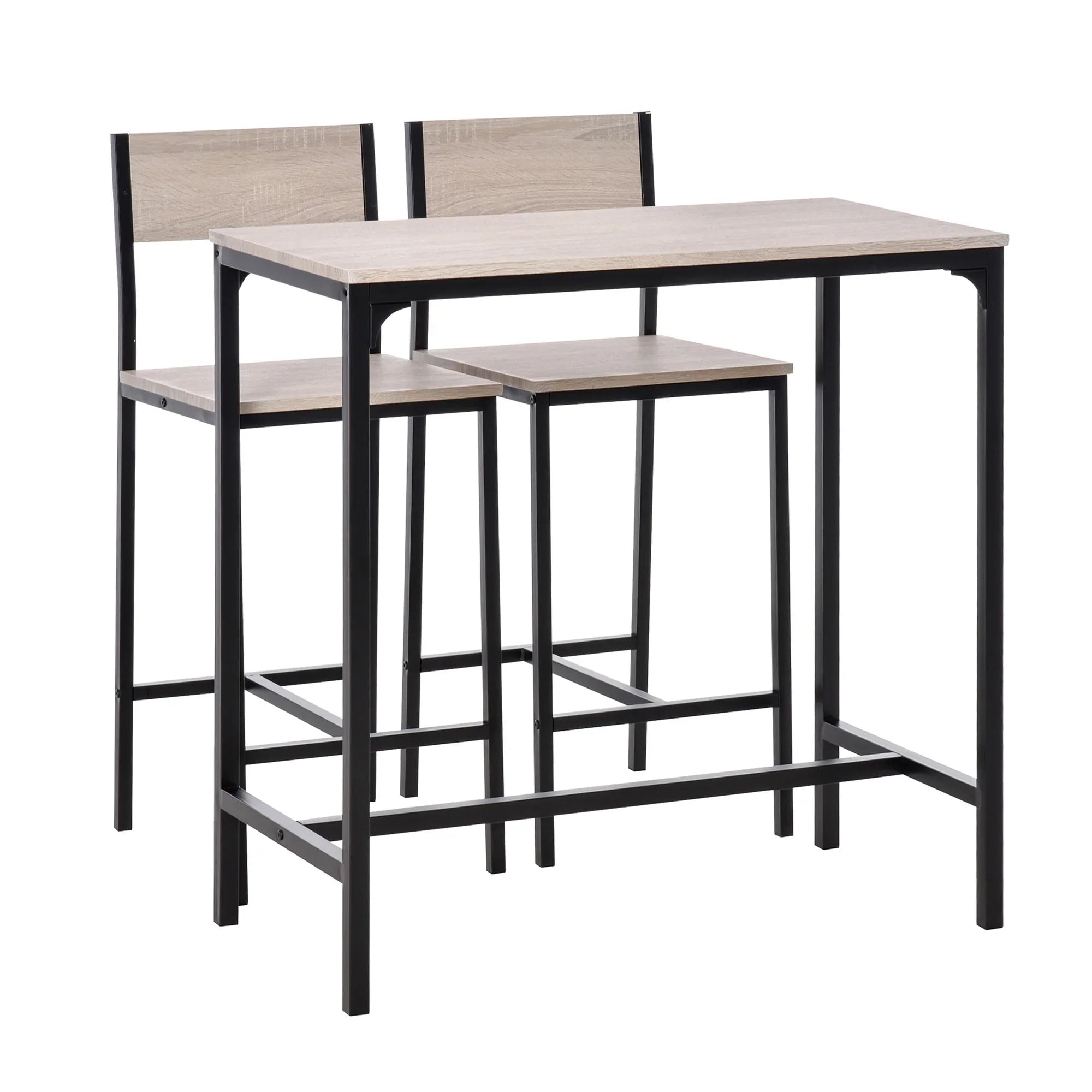 Table Stool Set with a light wood grain finish on the tabletop and two stools, all with black metal frames.