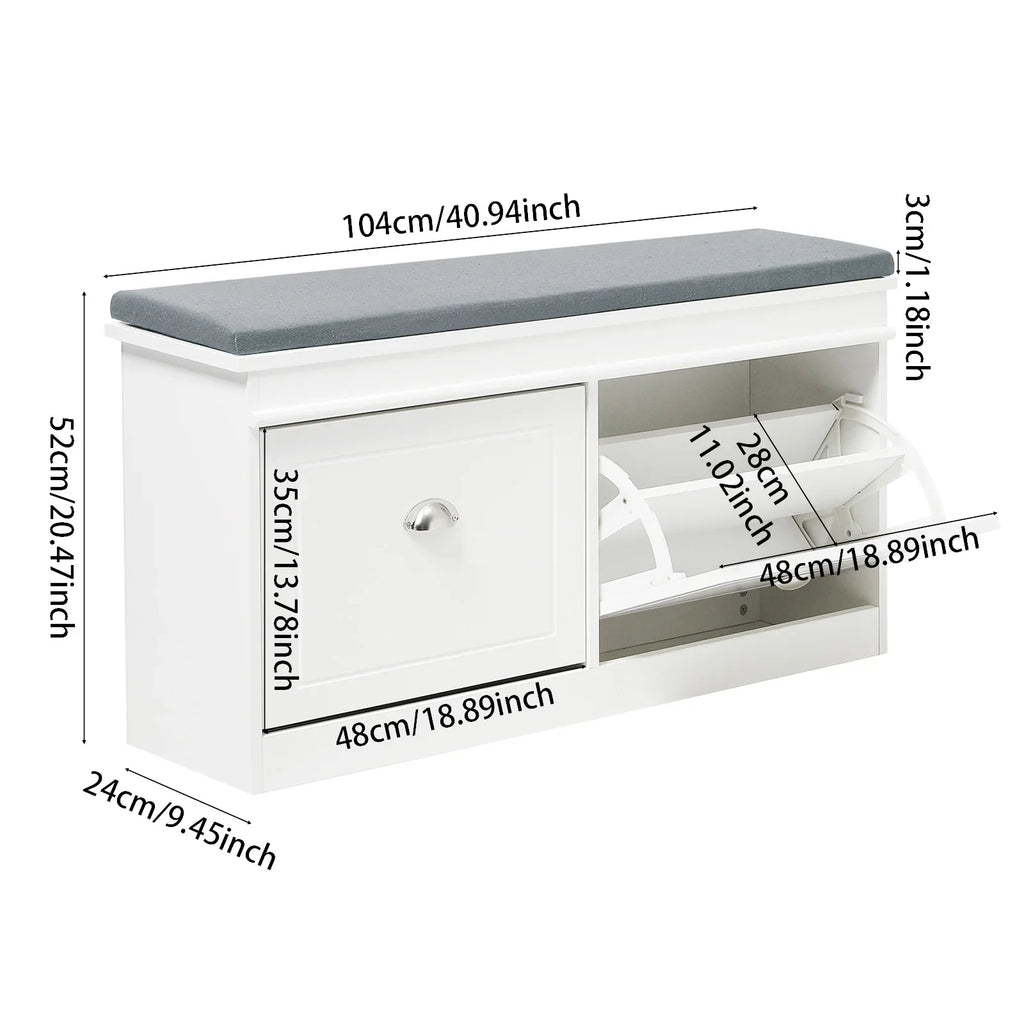White flip-top shoe cabinet with grey cushion, showing detailed dimensions for entryway storage and organization.