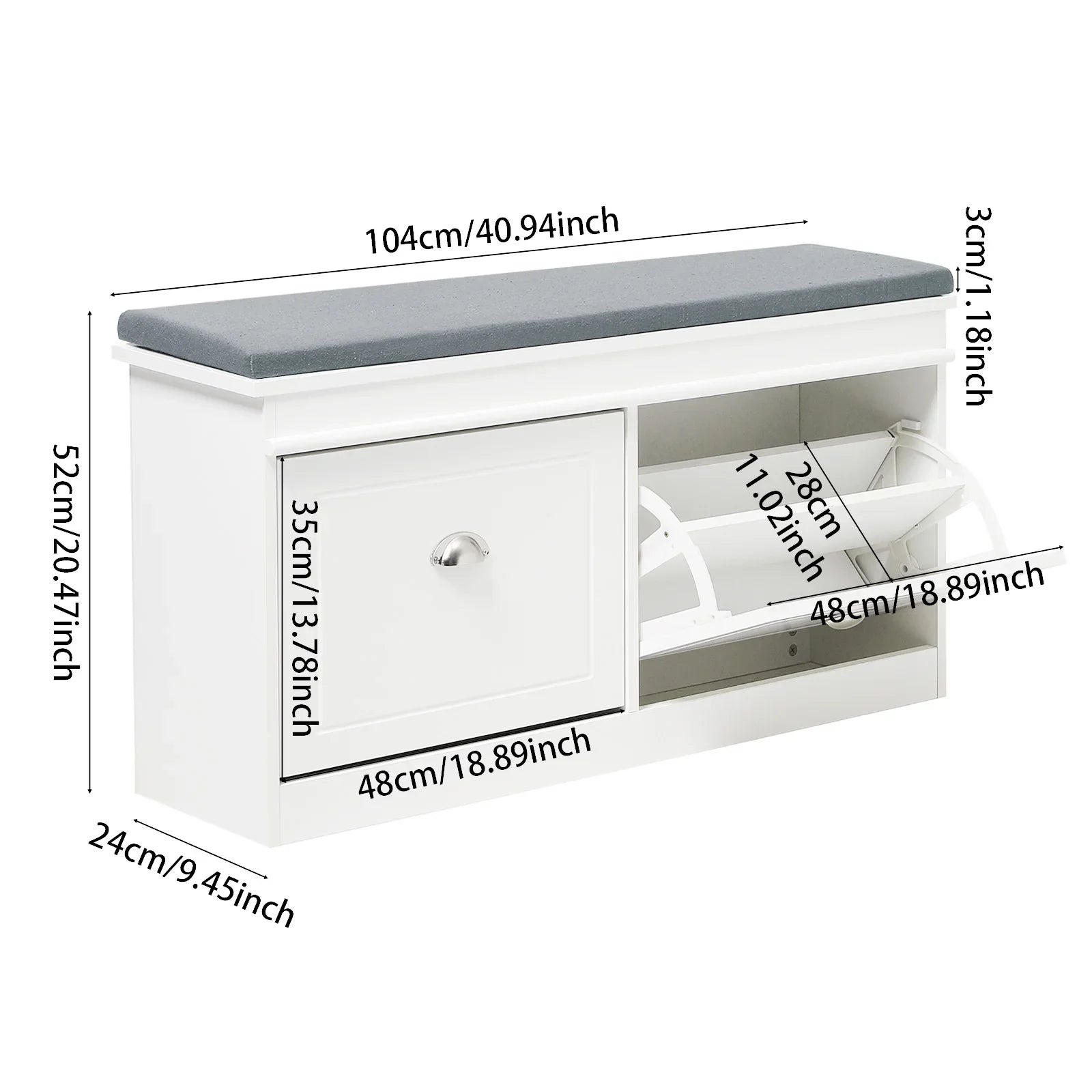 White flip-top shoe cabinet with grey cushion, showing detailed dimensions for entryway storage and organization.