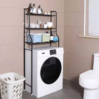 Black 3-tier over toilet storage rack with toiletries and laundry basket in a modern bathroom.
