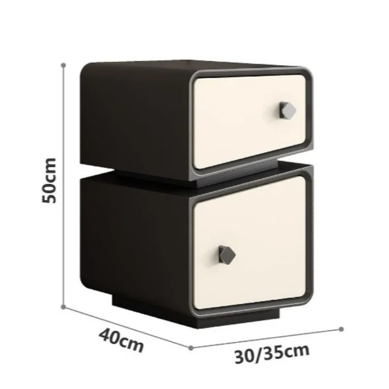 Luxury high-end Moroccan style nightstand with two black and cream drawers, showing dimensions: 50cm H, 40cm W, 30/35cm D.
