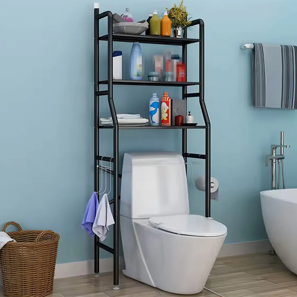 3-Tier Over Toilet Storage Rack - Black Metal Bathroom Organiser 50x26x160cm