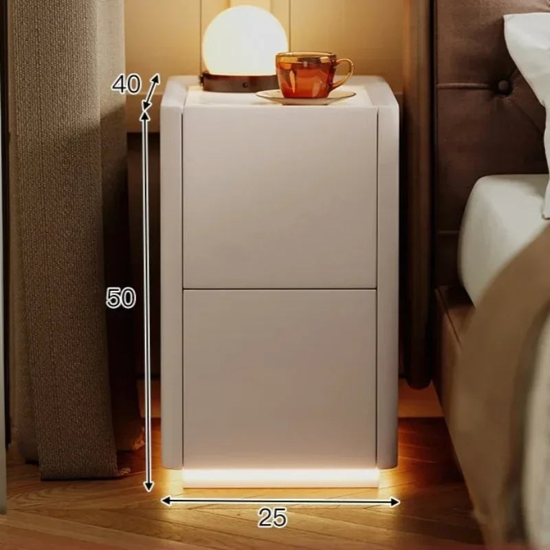 Modern Morocco nightstand with LED lighting, 40cm wide, 50cm deep, with two drawers, next to a bed