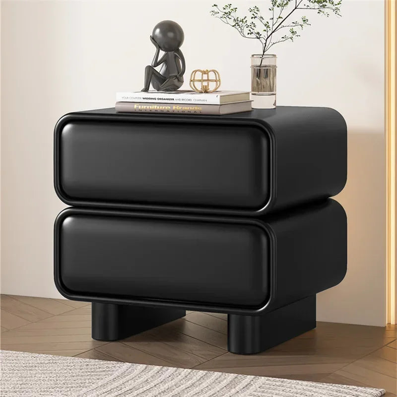 Black modern Moroccan 2-drawer bedside table with rounded edges, solid wood nightstand for bedroom.