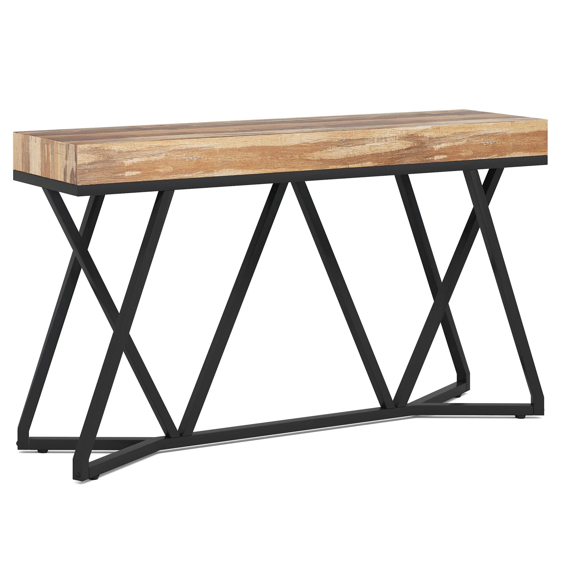55 inch industrial console table with natural wood-effect top and unique black metal X-base, isolated on white