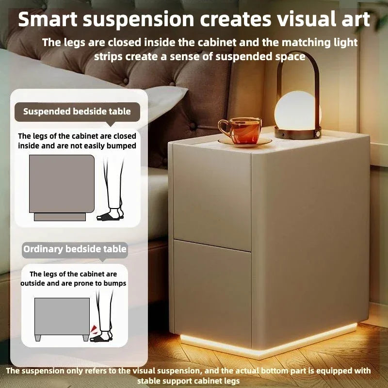 Rustic nightstand with recessed base and ambient lighting, showing design for foot clearance with comparison infographics.