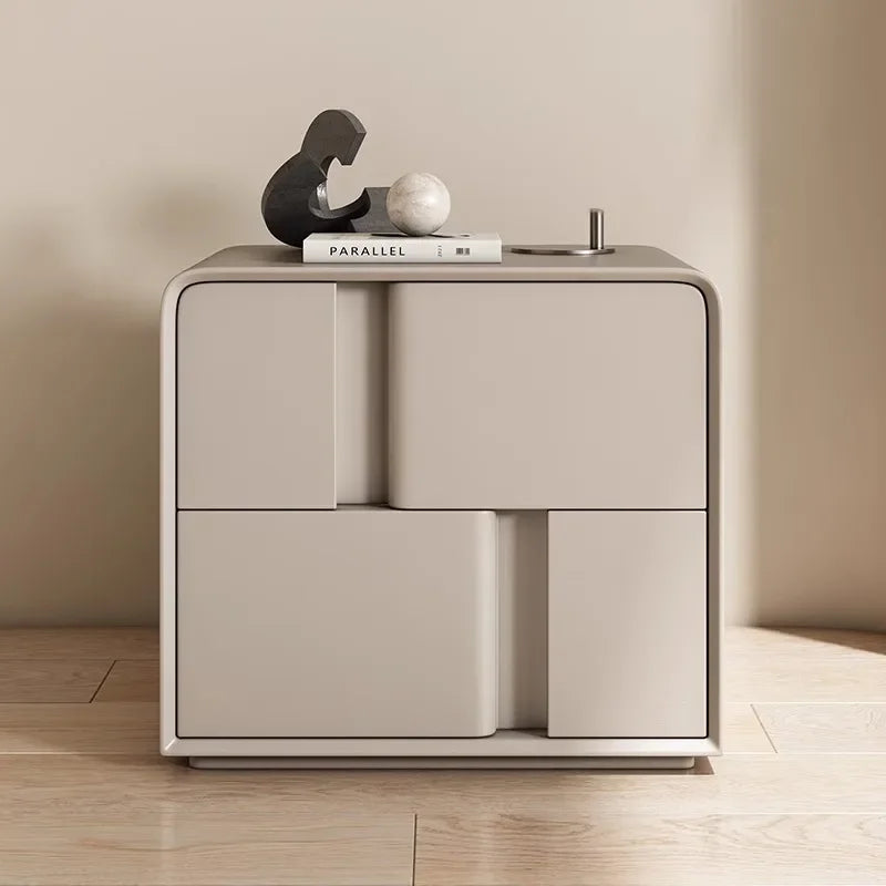 Modern double-layer storage bedside table in light grey with decorative items on top, solid pine wood nightstand