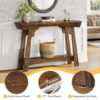 Rustic brown 2-tier entryway table with decorative vase, books, hourglasses, and a storage basket.