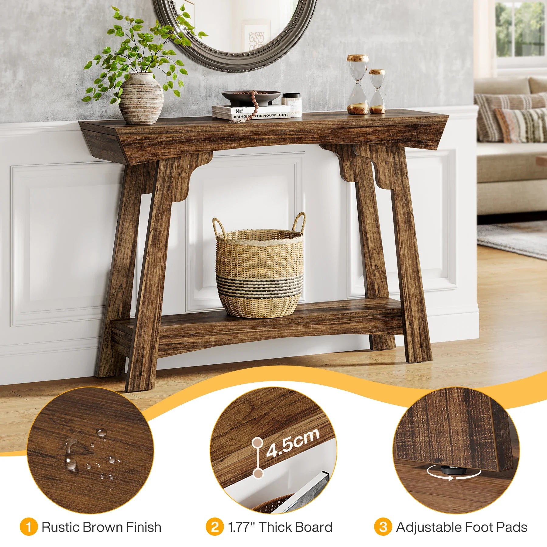 Rustic brown 2-tier entryway table with decorative vase, books, hourglasses, and a storage basket.