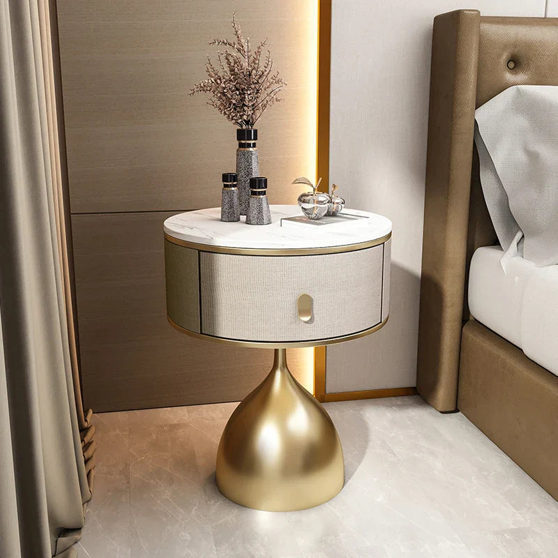 Luxury unique gold nightstand with marble top & fabric drawer, modern bedside table with gold base
