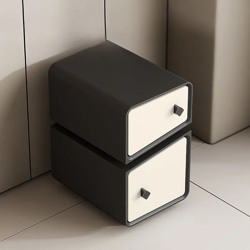 Luxury high-end Moroccan style nightstand, dark grey frame with two white drawers, modern bedside table