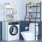 Black 3-tier over toilet storage rack with toiletries in a modern bathroom, next to a white laundry organizer.