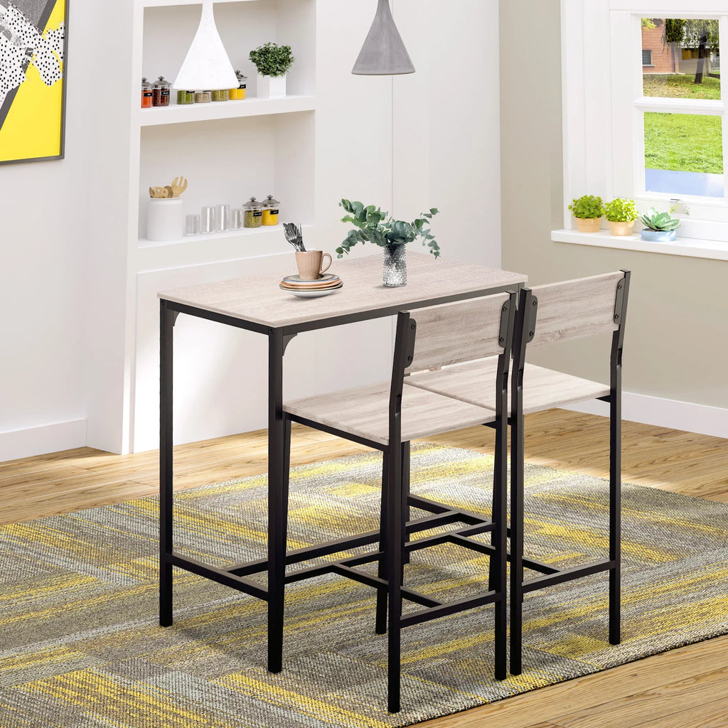 Compact Table Stool Set in white and black, with two stools tucked under the matching high table in a kitchen.