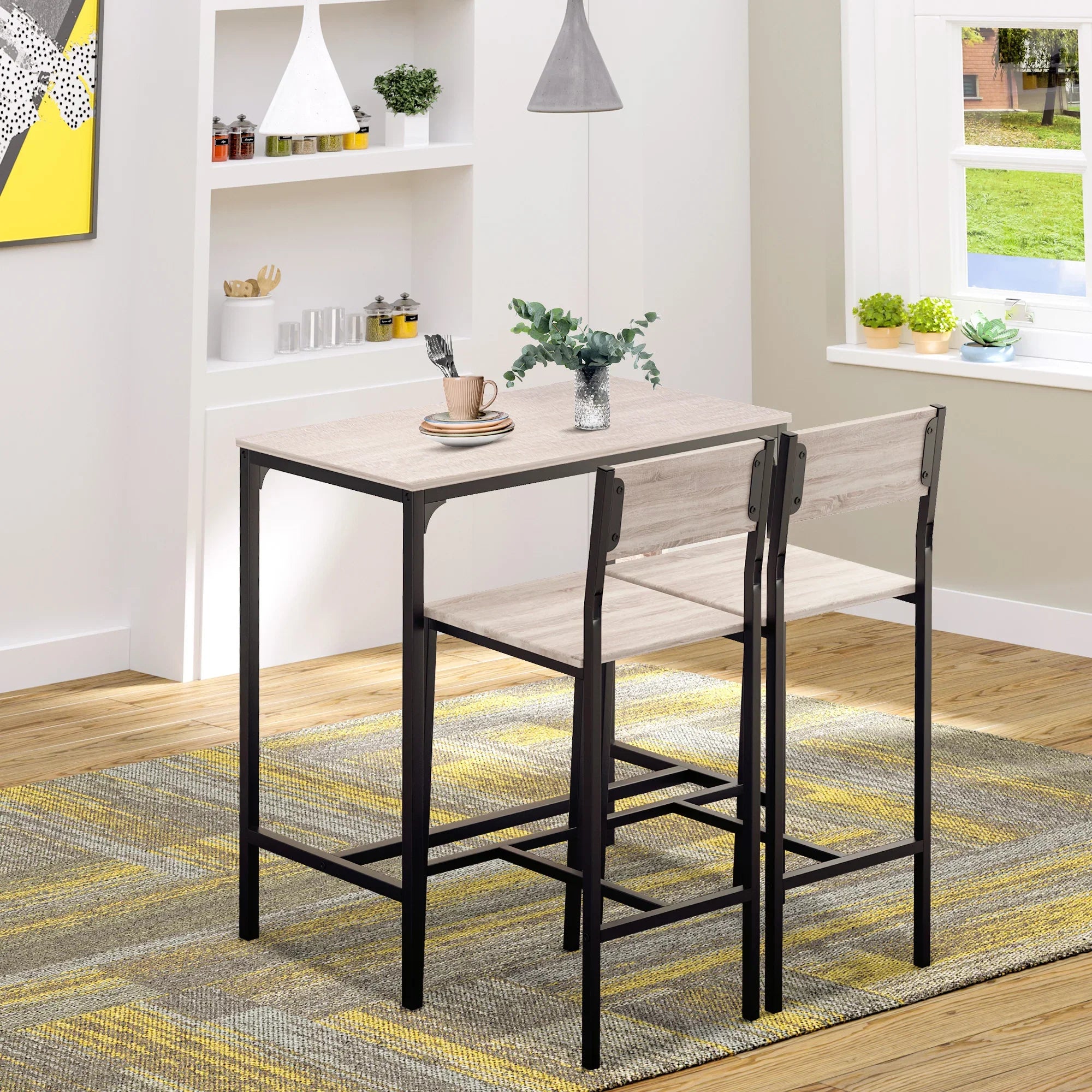 Compact Table Stool Set in white and black, with two stools tucked under the matching high table in a kitchen.