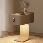 Modern Japanese nightstand with integrated light, single drawer, and marble top. Minimalist wooden bedside table.
