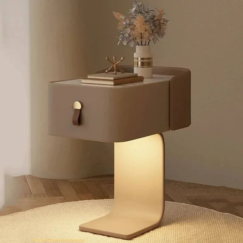 Modern Japanese nightstand with integrated light, single drawer, and marble top. Minimalist wooden bedside table.