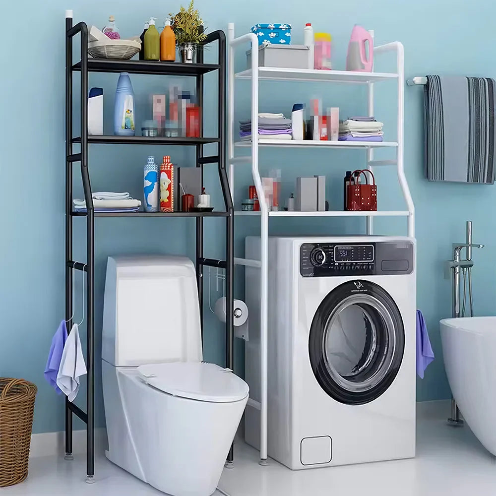 Black and white 3-tier over toilet bathroom storage racks in a blue bathroom, optimising space above toilet and washing machine.