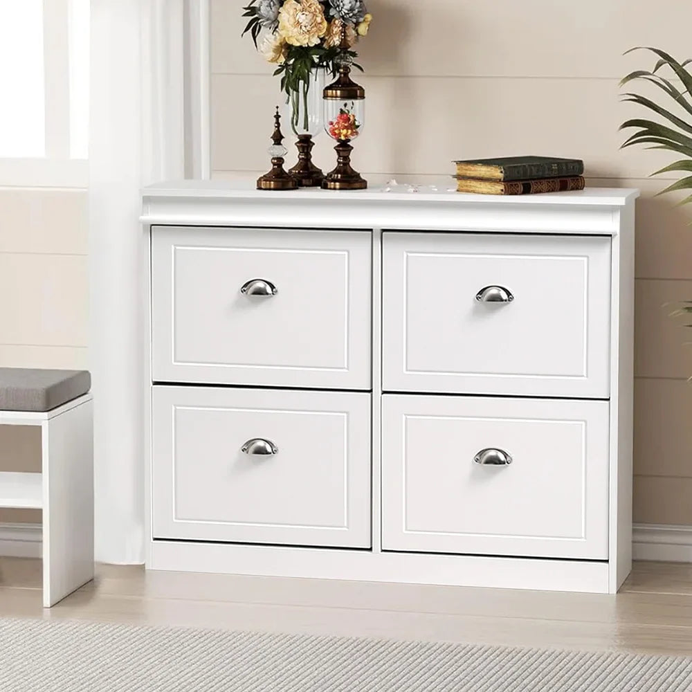 White flip-top shoe cabinet with four compartments and silver handles, ideal for entryway storage in a UK home.
