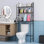 Black 3-tier over toilet storage rack in a modern bathroom with toiletries and towels