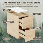 Rustic solid wood nightstand with open drawers showing silent guide rails, slate countertop, and thickened components.