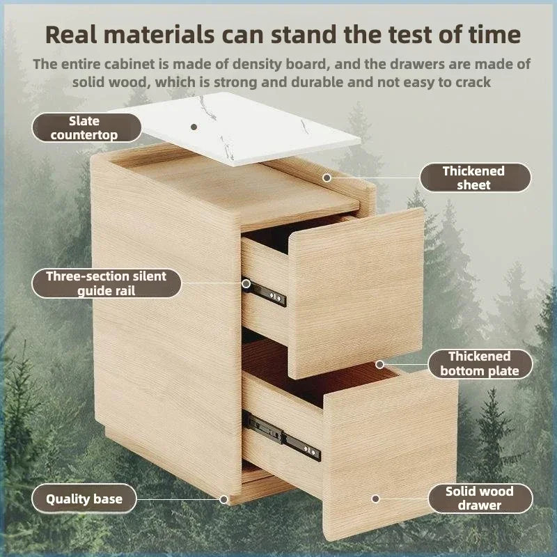 Rustic solid wood nightstand with open drawers showing silent guide rails, slate countertop, and thickened components.