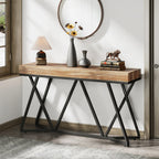 55 inch industrial console table in an entryway with a rustic wood-effect top and black metal X-legs