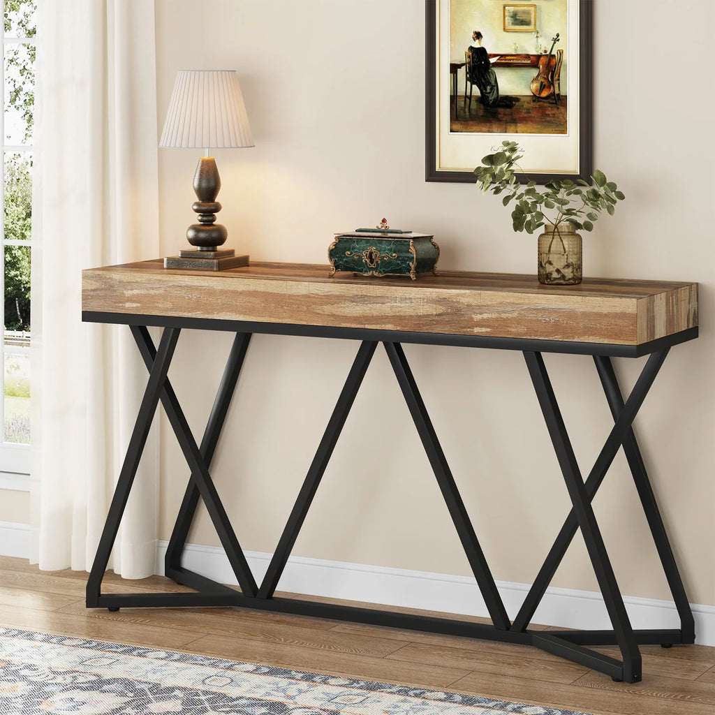 55-inch industrial console table with rustic wood-effect top and black metal geometric base in an entryway