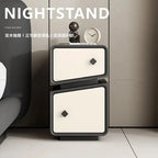 Luxury modern Morocco nightstand with two cream-colored drawers and unique black pull handles. Elegant bedside table.