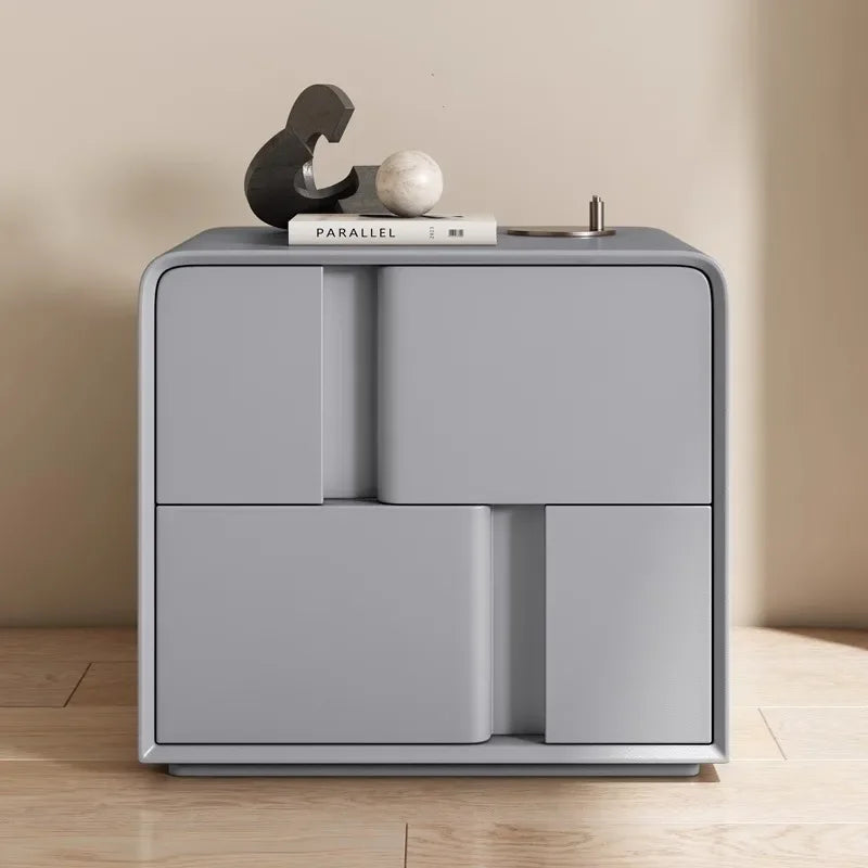 Modern grey double-layer storage bedside table with unique minimalist drawer design
