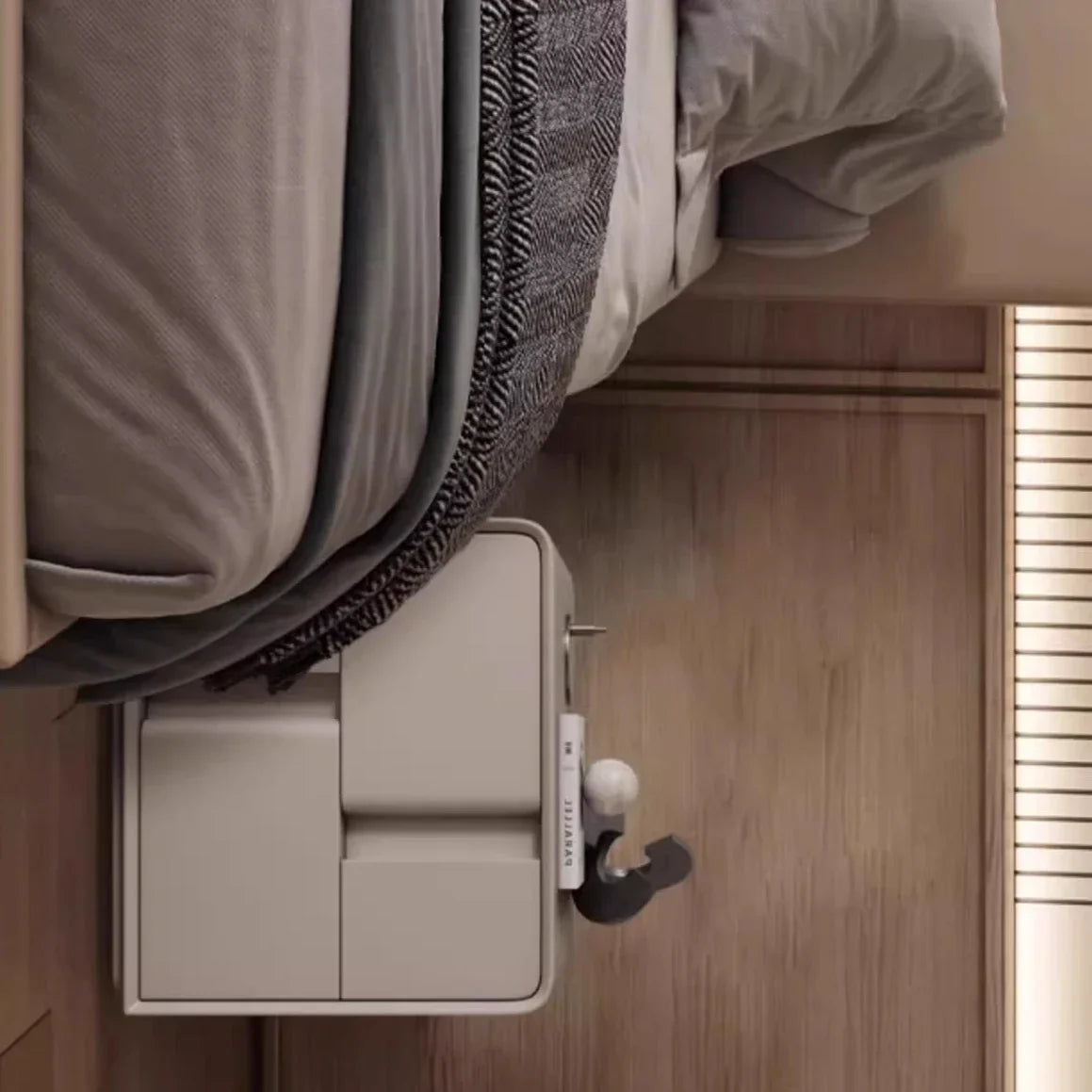 Modern double-layer storage bedside table made from solid pine wood next to a bed