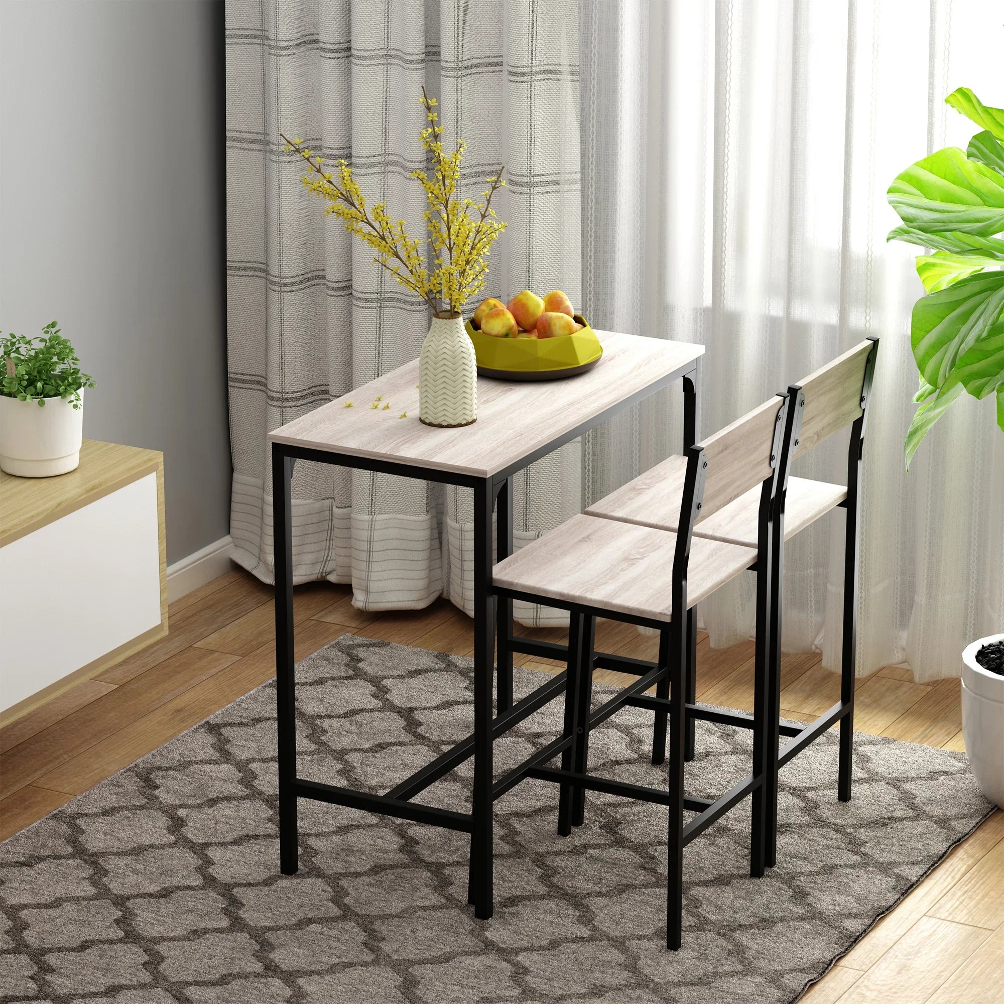 Compact Table Stool Set in light wood and black metal, with two stools neatly tucked under the table, perfect for small kitchens.